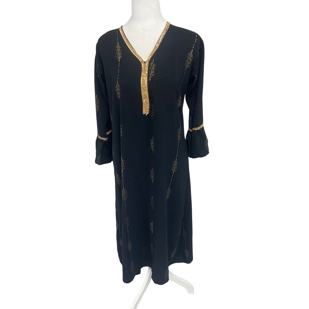 Tunic Kaftan Kurta‎ Maxi Dress Black Gold Metallic Beaded Modest Bollywood Boho